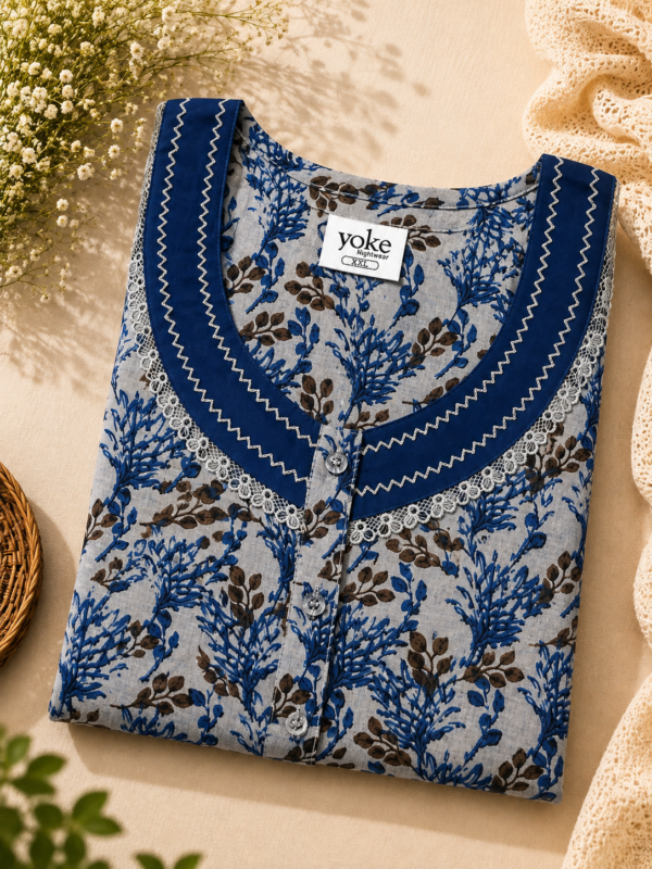 Blue& Grey Floral Spun Fabric A-Line Nightwear | Lace Detail | XXL