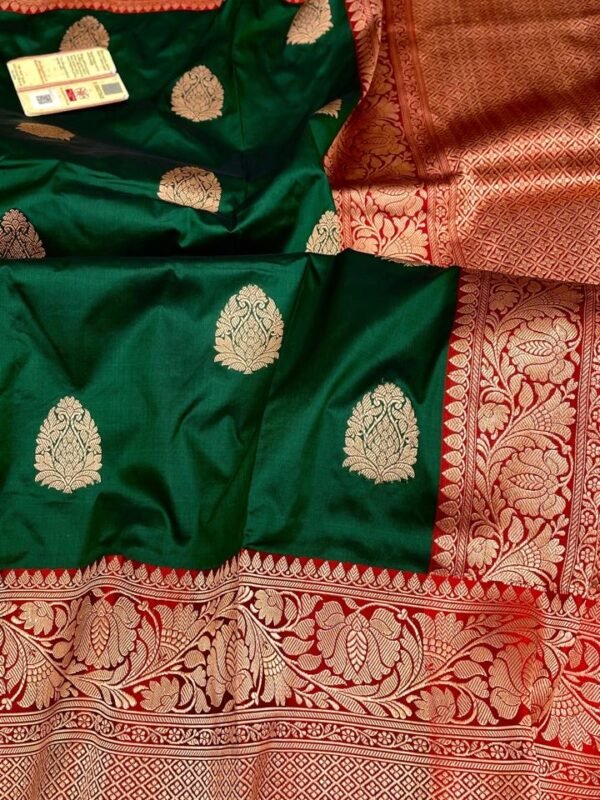 Pure Handloom Katan Silk Saree with Antique Zari | Silk Mark Certified | Green & Red Traditional Saree