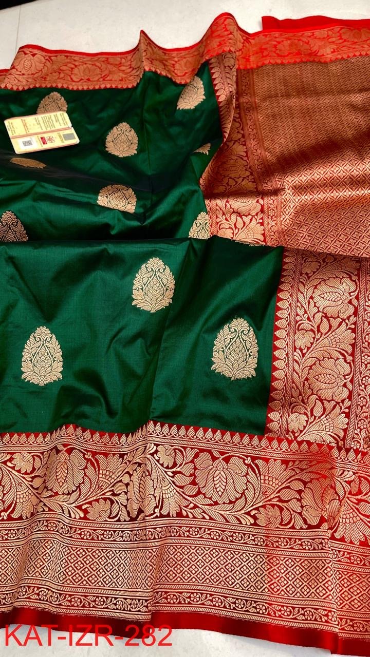 Pure Handloom Katan Silk Saree with Antique Zari | Silk Mark Certified | Green & Red Traditional Saree